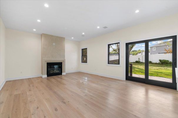 Empty room, Fireplace, Interior, Recessed Lighting, Wood Texture Flooring