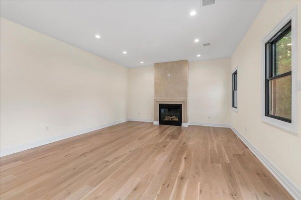 Empty room, Fireplace, Interior, Recessed Lighting, Wood Texture Flooring
