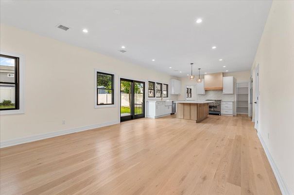 Empty room, Interior, Kitchen, Pendant Lights, Recessed Lighting, Wood Texture Flooring