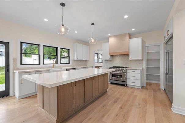 Interior, Kitchen, Pendant Lights, Recessed Lighting, Stainless Steel Appliances, Wood Texture Flooring