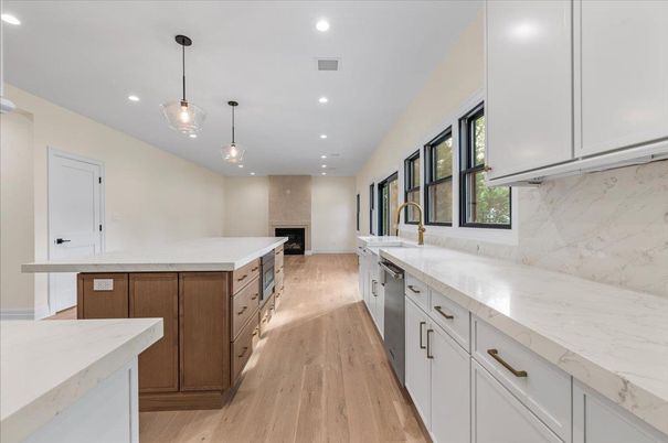 Interior, Kitchen, Marble Walls, Pendant Lights, Recessed Lighting, Wood Texture Flooring