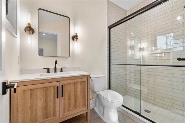 Bathroom, Glass Shower, Interior, Wood Texture Flooring