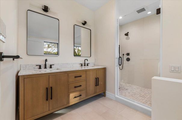 Bathroom, Dual Sink Vanities, Glass Shower, Interior, Recessed Lighting