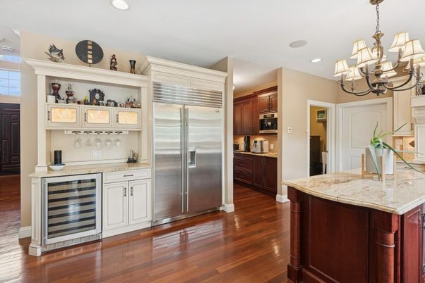 Chandelier, Interior, Kitchen, Recessed Lighting, Stainless Steel Appliances, Wood Texture Flooring