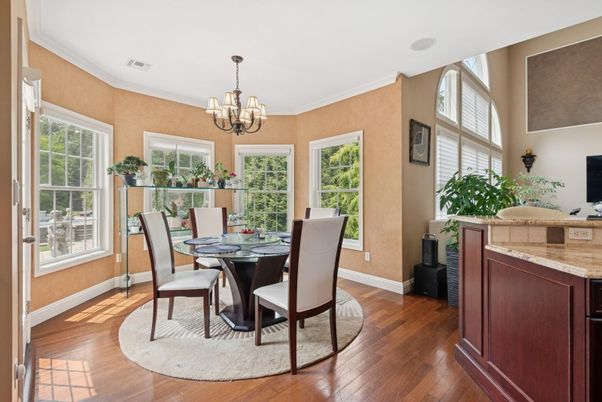 Chandelier, Dining room, Interior, Wood Texture Flooring
