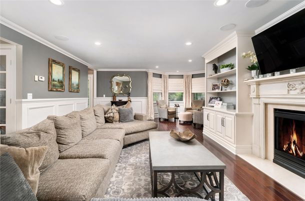 Fireplace, Interior, Living room, Recessed Lighting, Wood Texture Flooring
