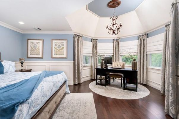 Bedroom, Chandelier, Home Office, Interior, Recessed Lighting, Wood Texture Flooring