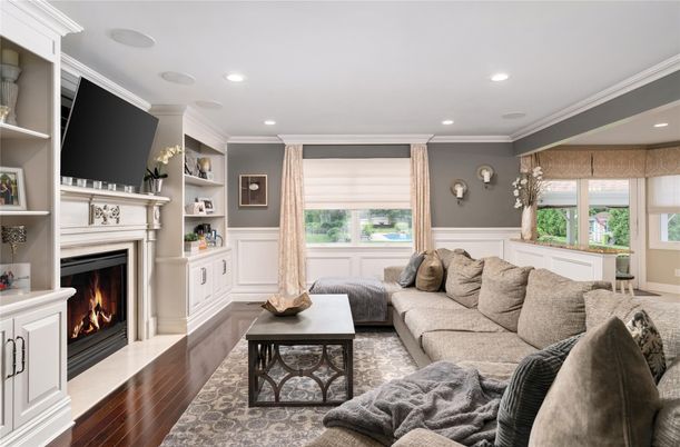Fireplace, Interior, Living room, Recessed Lighting, Wood Texture Flooring
