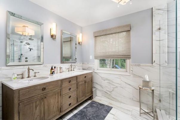 Bathroom, Dual Sink Vanities, Glass Shower, Interior, Marble, Marble Walls