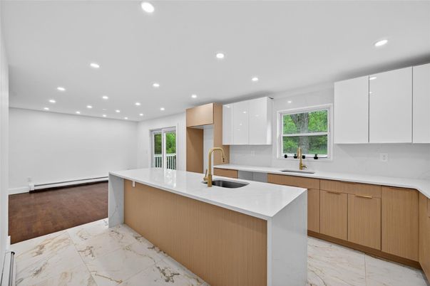 Interior, Kitchen, Marble, Recessed Lighting, Wood Texture Flooring
