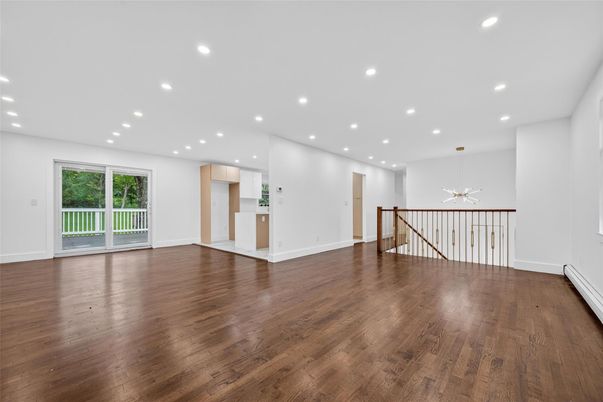 Empty room, Interior, Pendant Lights, Recessed Lighting, Wood Texture Flooring