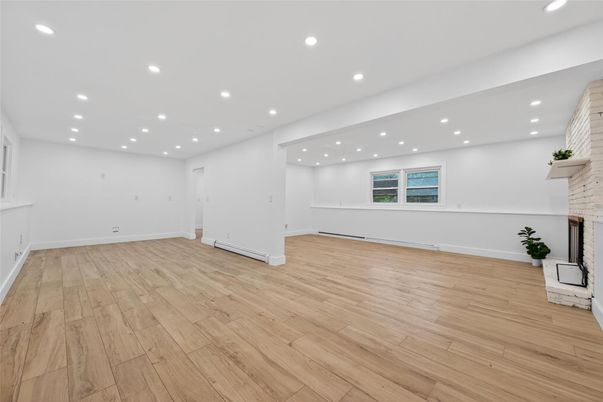 Empty room, Fireplace, Interior, Recessed Lighting, Wood Texture Flooring