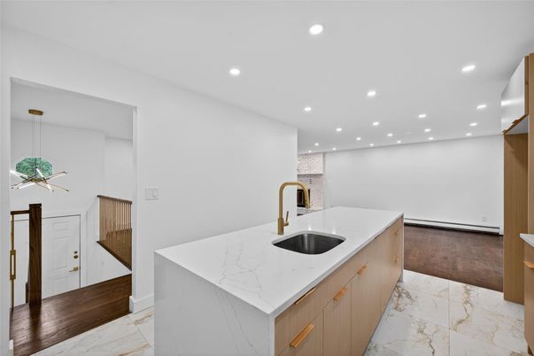 Interior, Kitchen, Marble, Pendant Lights, Recessed Lighting, Wood Texture Flooring