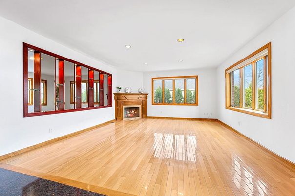 Empty room, Fireplace, Interior, Recessed Lighting, Wood Texture Flooring