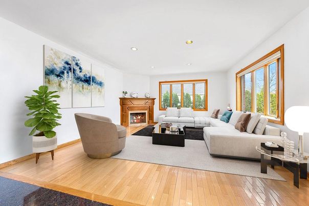 Fireplace, Interior, Living room, Recessed Lighting, Wood Texture Flooring