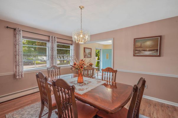 Dining room, Interior, Pendant Lights, Wood Texture Flooring