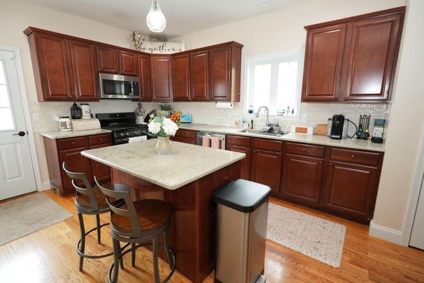 Interior, Kitchen, Pendant Lights, Stainless Steel Appliances, Wood Texture Flooring