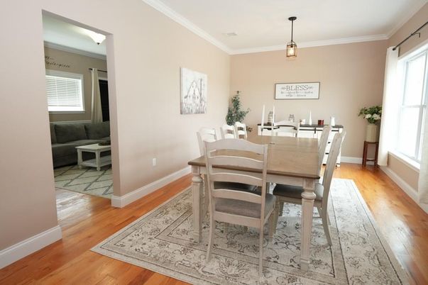 Dining room, Interior, Pendant Lights, Wood Texture Flooring