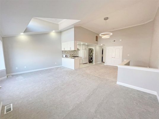 Empty room, Interior, Kitchen, Pendant Lights, Recessed Lighting, Washer