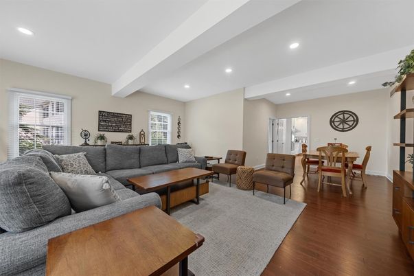 Dining room, Interior, Living room, Recessed Lighting, Wood Texture Flooring
