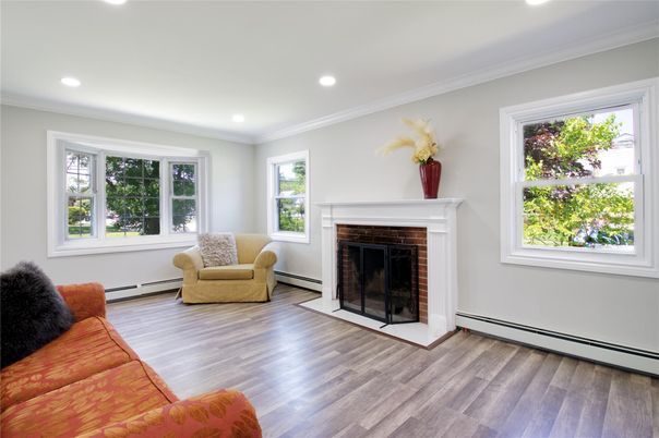 Fireplace, Interior, Recessed Lighting, Wood Texture Flooring