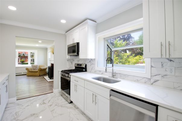 Interior, Kitchen, Marble, Recessed Lighting, Stainless Steel Appliances