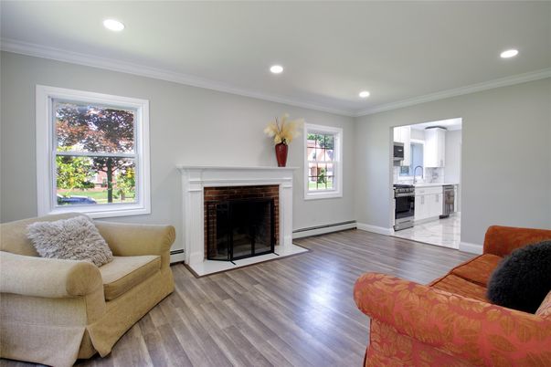 Fireplace, Interior, Kitchen, Living room, Recessed Lighting, Wood Texture Flooring