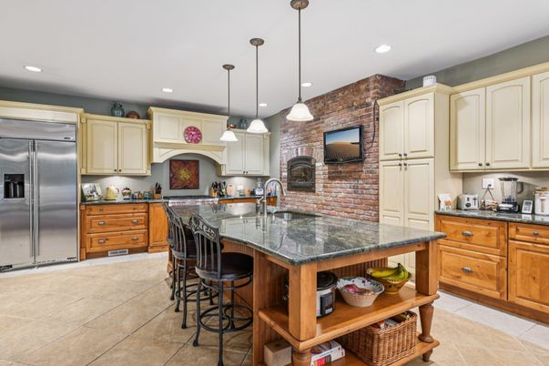 Interior, Kitchen, Pendant Lights, Recessed Lighting, Stainless Steel Appliances, Stone Walls