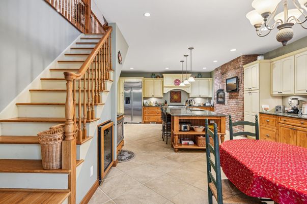 Dining room, Interior, Kitchen, Pendant Lights, Recessed Lighting, Stainless Steel Appliances, Stone Walls