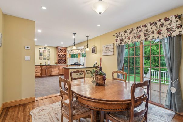 Dining room, Interior, Pendant Lights, Recessed Lighting, Wood Texture Flooring