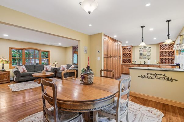 Dining room, Interior, Living room, Pendant Lights, Recessed Lighting, Wood Texture Flooring