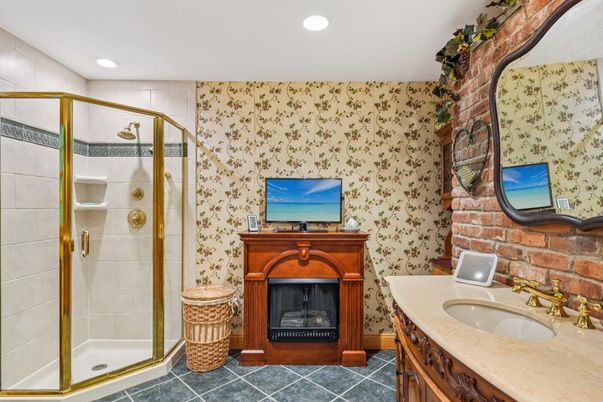 Bathroom, Fireplace, Glass Shower, Interior, Recessed Lighting