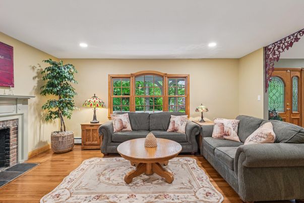 Fireplace, Interior, Living room, Recessed Lighting, Wood Texture Flooring