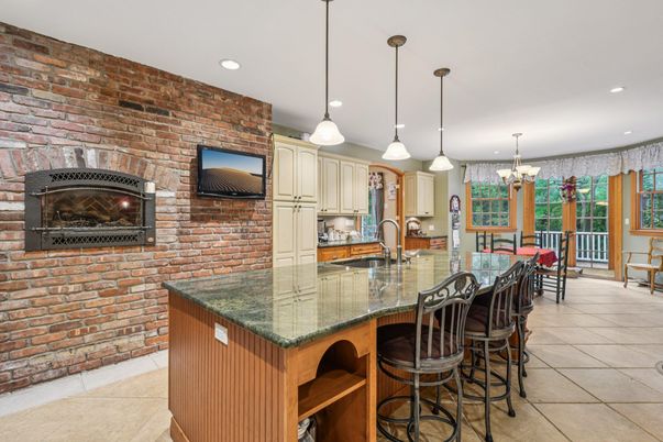 Interior, Kitchen, Pendant Lights, Recessed Lighting, Stone Walls