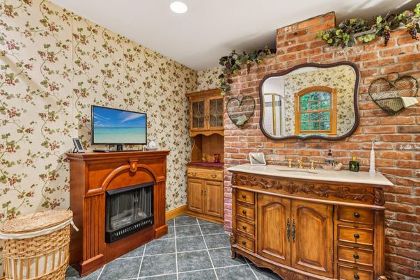Bathroom, Fireplace, Interior, Recessed Lighting, Stone Walls