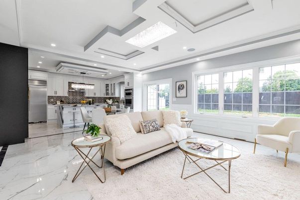 Interior, Kitchen, Living room, Marble, Pendant Lights, Recessed Lighting, Stainless Steel Appliances