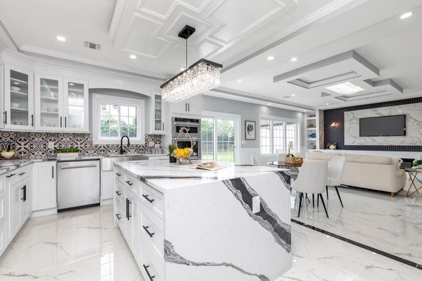 Chandelier, Dining room, Interior, Kitchen, Living room, Marble, Recessed Lighting, Stainless Steel Appliances