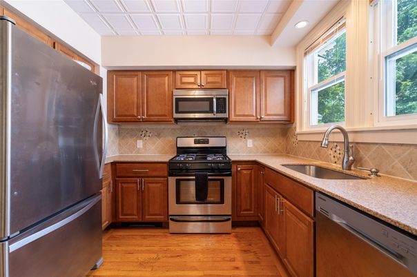 Interior, Kitchen, Recessed Lighting, Stainless Steel Appliances, Wood Texture Flooring