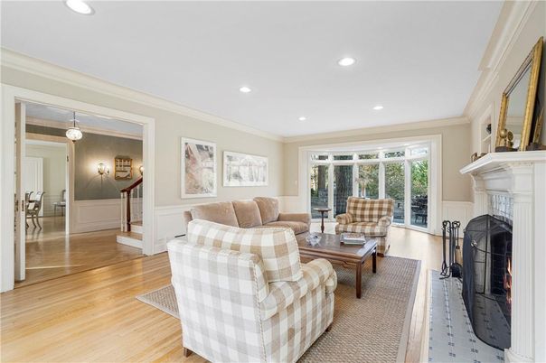 Fireplace, Interior, Living room, Recessed Lighting, Wood Texture Flooring