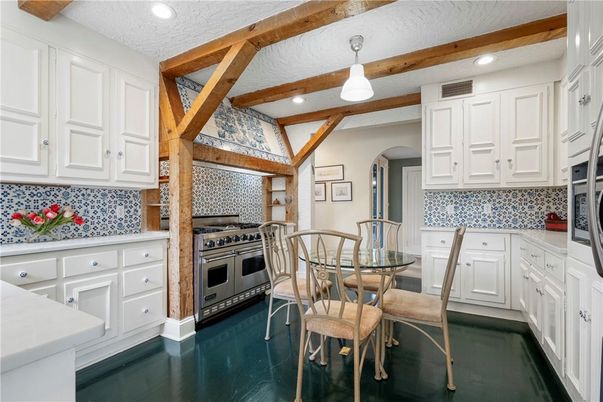 Dining room, Interior, Kitchen, Recessed Lighting, Stainless Steel Appliances, Wooden Beams