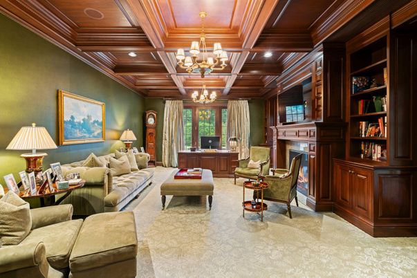 Chandelier, Fireplace, Home Office, Interior, Living room, Recessed Lighting, Wooden Beams, Wooden Ceilings, Wooden Walls