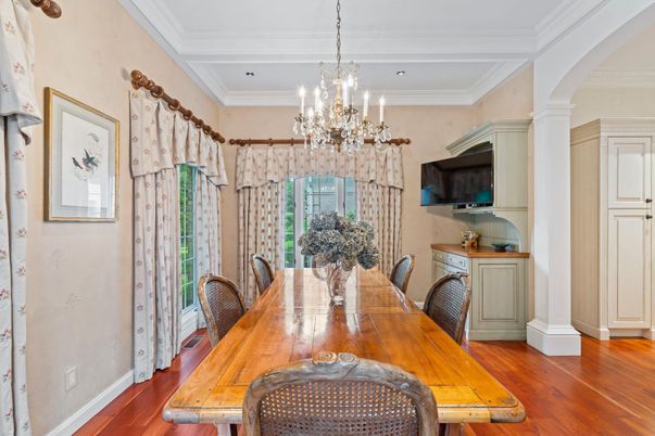 Chandelier, Dining room, Interior, Wood Texture Flooring