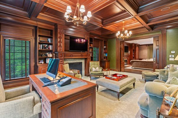 Chandelier, Fireplace, Home Office, Interior, Living room, Recessed Lighting, Wooden Beams, Wooden Ceilings, Wooden Walls