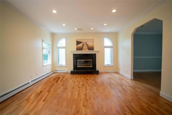 Empty room, Fireplace, Interior, Recessed Lighting, Wood Texture Flooring
