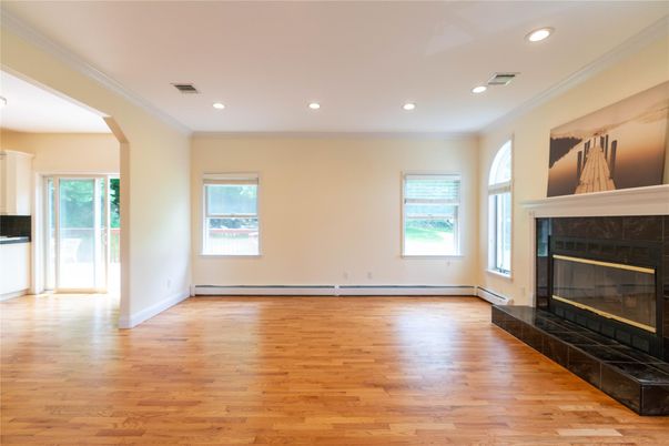 Empty room, Fireplace, Interior, Recessed Lighting, Wood Texture Flooring