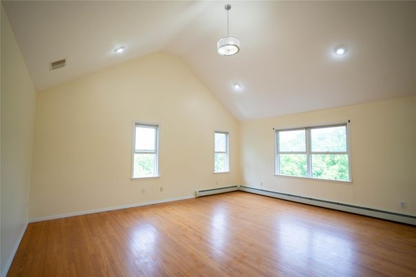 Empty room, Interior, Pendant Lights, Recessed Lighting, Wood Texture Flooring