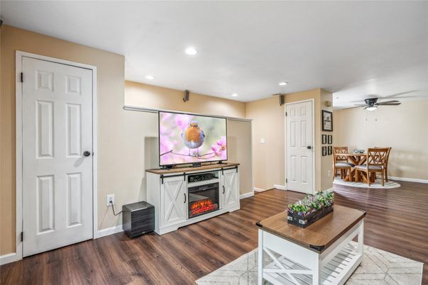 Dining room, Interior, Recessed Lighting, Wood Texture Flooring