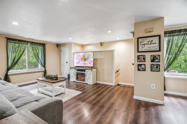 Fireplace, Interior, Living room, Recessed Lighting, Wood Texture Flooring