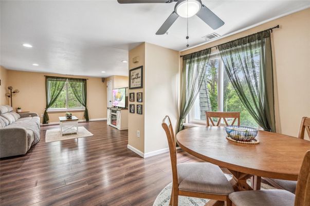 Dining room, Interior, Recessed Lighting, Wood Texture Flooring