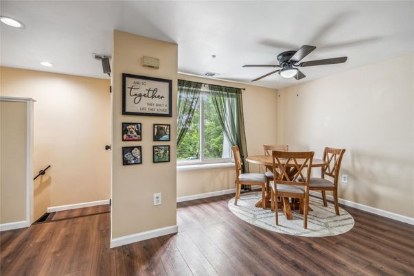Dining room, Interior, Recessed Lighting, Wood Texture Flooring